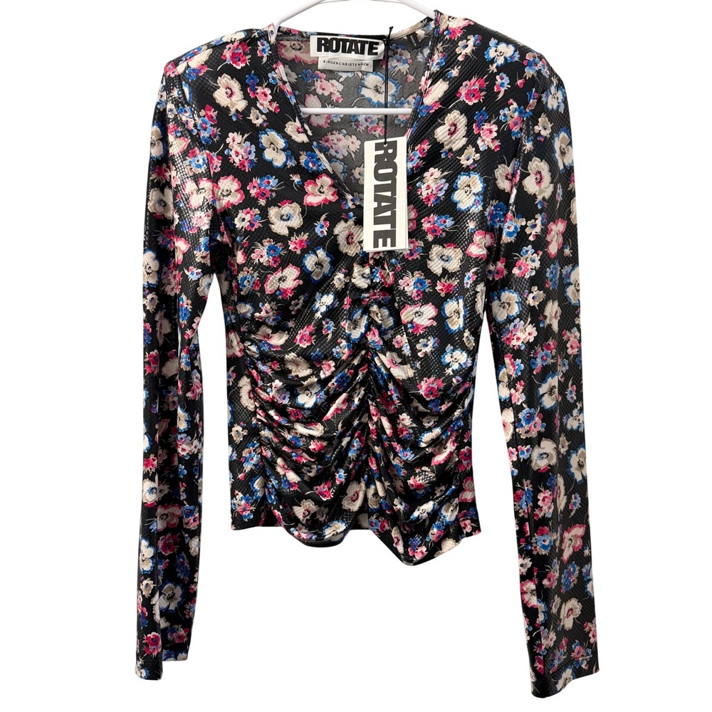 ROTATE Birger Christensen Sierra Top Black Floral Snakeskin Ruched V-Neck NWT XS